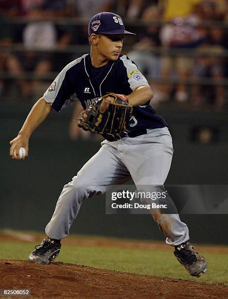 Starting pitcher Kennon Fontenot of the Southwest pitches against the Southeast during the United States semi-final at Lamade Stadium on August 21,...
