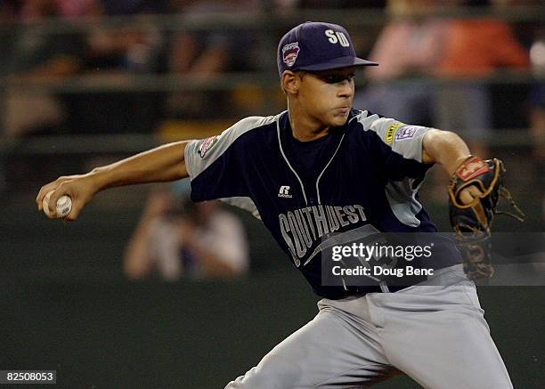 Starting pitcher Kennon Fontenot of the Southwest pitches against the Southeast during the United States semi-final at Lamade Stadium on August 21,...