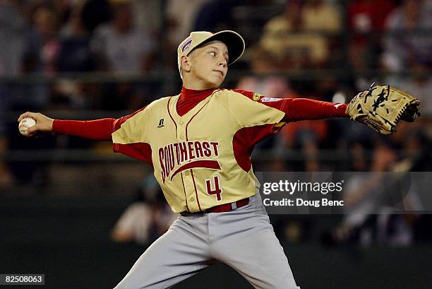 Pitcher Levi Gilcrease of the Southeast pitches against the Southwest during the United States semi-final at Lamade Stadium on August 21, 2008 in...