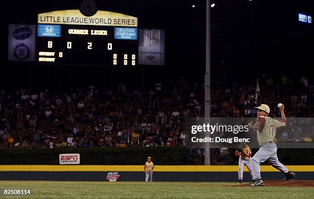 Starting pitcher Michael McGuire of the Southeast pitches against the Southwest during the United States semi-final at Lamade Stadium on August 21,...