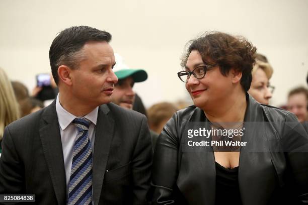 Green Party co-leaders James Shaw and Metiria Turei chat during the Green Party Auckland Election Campaign Launch on August 1, 2017 in Auckland, New...