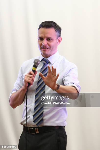 Green Party co-leader James Shaw speaks during the Green Party Auckland Election Campaign Launch on August 1, 2017 in Auckland, New Zealand. The 2017...