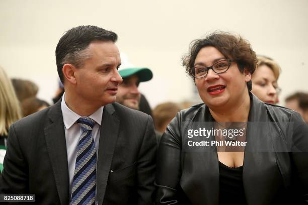 Green Party co-leaders James Shaw and Metiria Turei chat during the Green Party Auckland Election Campaign Launch on August 1, 2017 in Auckland, New...