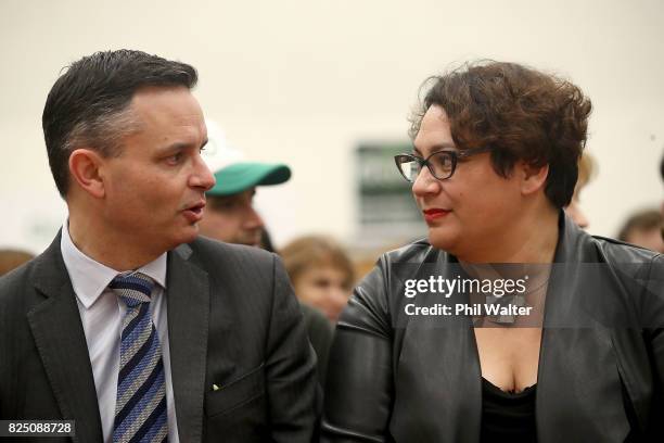 Green Party co-leaders James Shaw and Metiria Turei chat during the Green Party Auckland Election Campaign Launch on August 1, 2017 in Auckland, New...