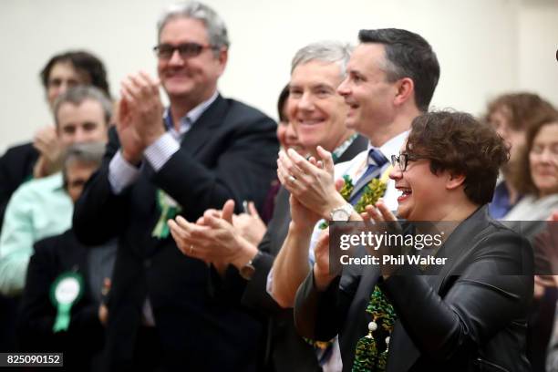 Green Party co-leaders James Shaw and Metiria Turei applaud during the Green Party Auckland Election Campaign Launch on August 1, 2017 in Auckland,...