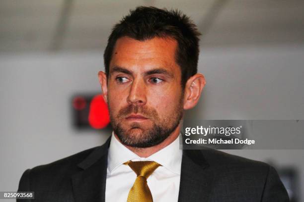 Hawthorn Hawks player Luke Hodge arrives ahead of the AFL Tribunal hearing into his striking charge at AFL House on August 1, 2017 in Melbourne,...