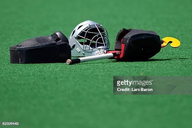 Detail of a field hockey goalkeeper's gear after the women's classification hockey match at the Olympic Green Hockey Field on Day 14 of the Beijing...
