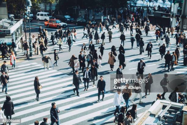 busy commuters crossing street during office rush hours in shibuya crossroad, tokyo - shibuya station imagens e fotografias de stock
