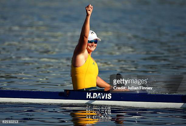 Hannah Davis of Australia celebrates after her team won the bronze medal in the Kayak Four 500m Women Final event at the Shunyi Olympic...