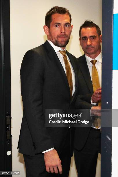 Hawthorn Hawks player Luke Hodge leaves the AFL Tribunal hearing into his striking charge at AFL House on August 1, 2017 in Melbourne, Australia.