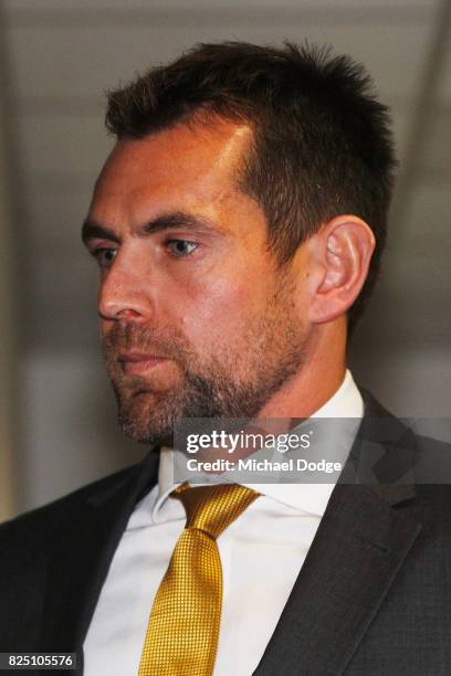 Hawthorn Hawks player Luke Hodge leaves the AFL Tribunal hearing into his striking charge at AFL House on August 1, 2017 in Melbourne, Australia.