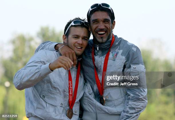 Bronze medalists Andrea Facchin and Antonio Massimiliano Scaduto of Italy pose after the Kayak Double 1000m Men Final event at the Shunyi Olympic...