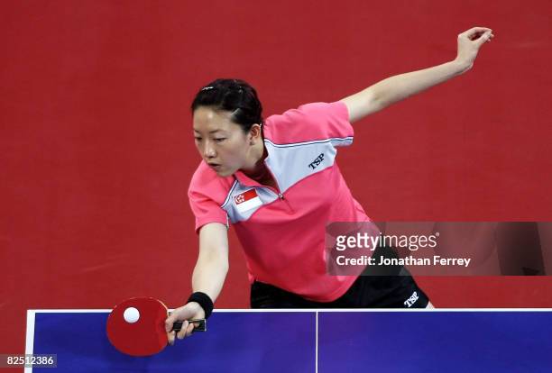 Li Jia Wei of Singapore plays a shot during the Women's Singles Table Tennis Bronze-Medal Match against Guo Yue of China held at the Peking...