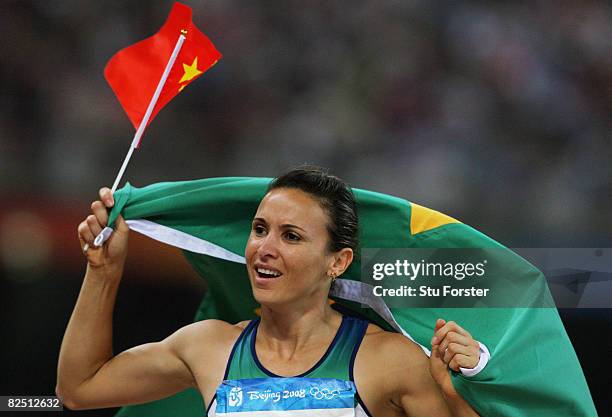 Maurren Higa Maggi of Brazil celerates after her victory in the Women's Long Jump Final at the National Stadium on Day 14 of the Beijing 2008 Olympic...