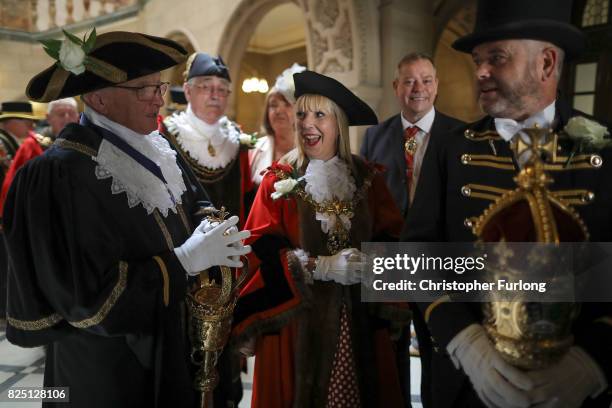 Mayor of Rotherham, Councillor Eve Rose shares a joke with mace bearers as she joins Mayors and Lord Mayors from cities and towns across Yorkshire to...