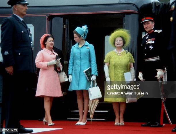 Princess Margaret, Queen Elizabeth II and The Queen Mother is seen at the investiture of Prince Charles, Prince of Wales on July 1, 1969 in...