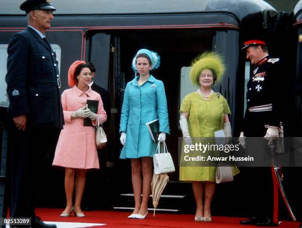 Princess Margaret, Queen Elizabeth II and The Queen Mother is seen at the investiture of Prince Charles, Prince of Wales on July 1, 1969 in...