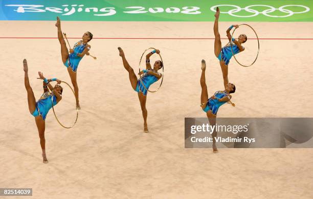 Team Italy competes in the Group All-Around Qualification round of the Rhythmic Gymnastics event at the Beijing University of Technology Gymnasium on...