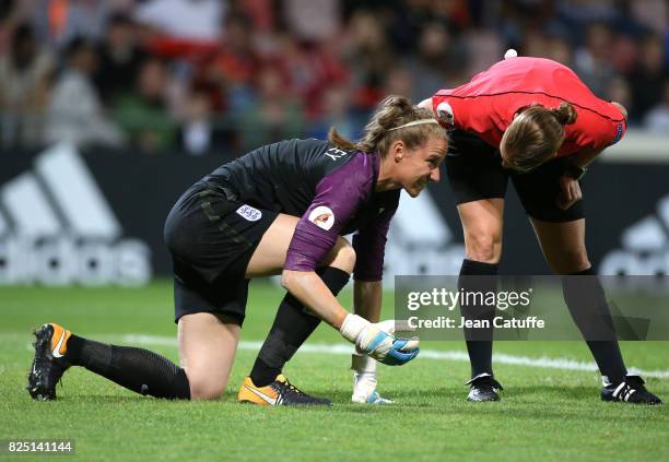 Injured goalkeeper of England Karen Bardsley and referee Esther Staubli of Switzerland during the UEFA Women's Euro 2017 quarter final match between...