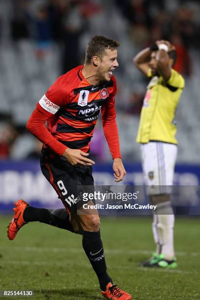 Oriol Riera of the Wanderers celebrates scoring the match winning goal in extra time during the FFA Cup round of 32 match between the Western Sydney...