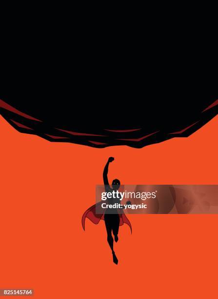 vector female superhero punches upward silhouette - woman leaping silhouette stock illustrations