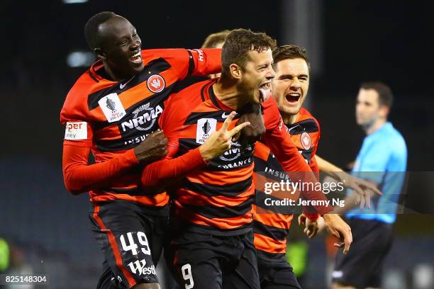 The Western Sydney Wanderers celebrate a goal during the FFA Cup round of 32 match between the Western Sydney Wanderers and the Wellington Phoenix at...