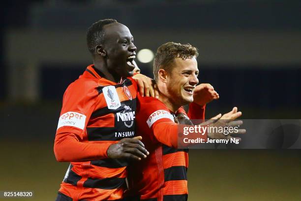 The Western Sydney Wanderers celebrate a goal during the FFA Cup round of 32 match between the Western Sydney Wanderers and the Wellington Phoenix at...