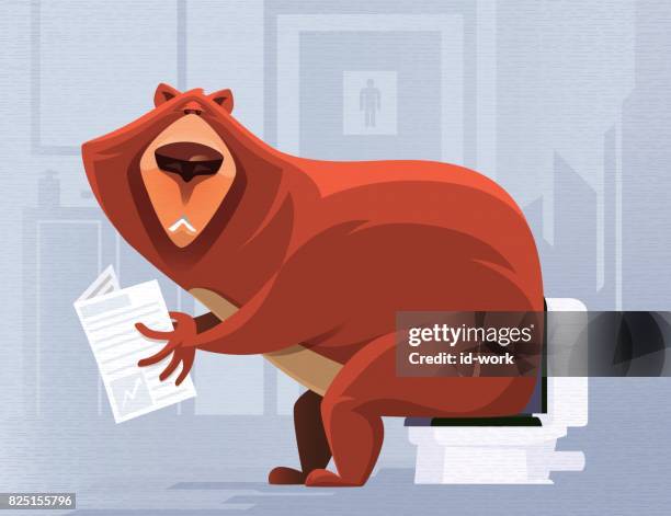 ilustraciones, imágenes clip art, dibujos animados e iconos de stock de oso leyendo en el wc - diarrhea