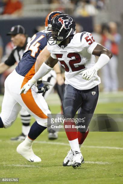 Linebacker Xavier Adibi of the Houston Texans chases a runner during a preseason game against the Denver Broncos at Reliant Stadium on August 9, 2008...
