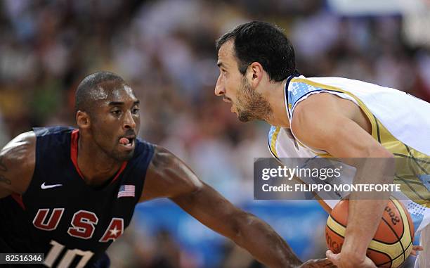 Argentina's Emanuel Ginobili vies with USA's Kobe Bryant during their men's semi-final basketball match Argentina against The US of the Beijing 2008...