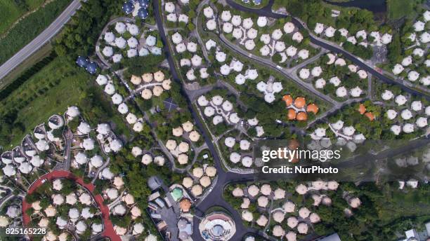 Aerial view of Quake-proof dome houses in Aso Farm Land, Kumamoto prefecture, Japan, July 31, 2017.