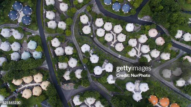 Aerial view of Quake-proof dome houses in Aso Farm Land, Kumamoto prefecture, Japan, July 31, 2017.