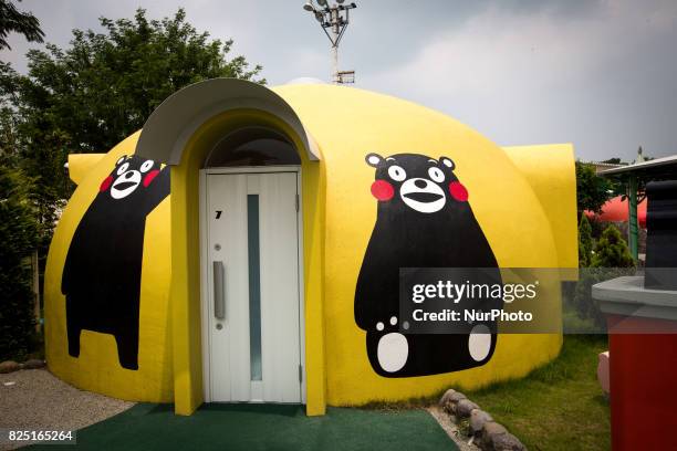 Quake-proof dome house painted with Kumamon is seen in Aso Farm Land, Kumamoto prefecture, Japan, July 31, 2017.