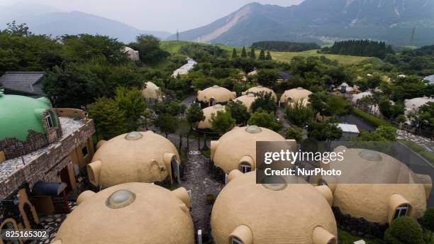 Aerial view of Quake-proof dome houses in Aso Farm Land, Kumamoto prefecture, Japan, July 31, 2017.