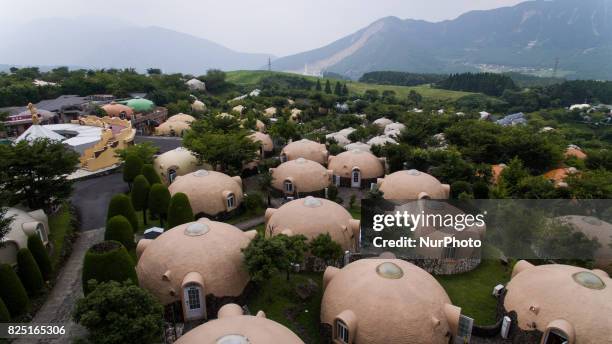 Aerial view of Quake-proof dome houses in Aso Farm Land, Kumamoto prefecture, Japan, July 31, 2017.