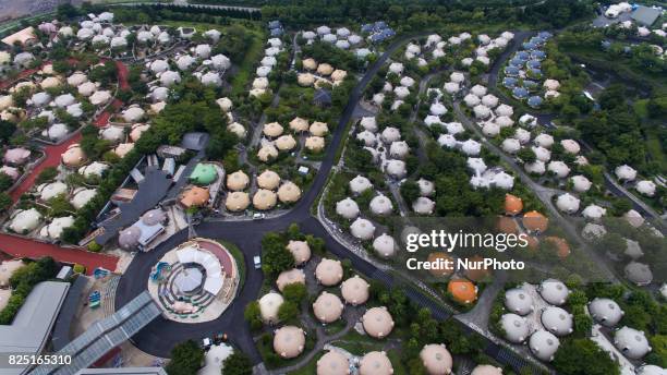 Aerial view of Quake-proof dome houses in Aso Farm Land, Kumamoto prefecture, Japan, July 31, 2017.