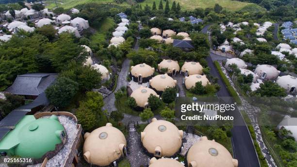 Aerial view of Quake-proof dome houses in Aso Farm Land, Kumamoto prefecture, Japan, July 31, 2017.