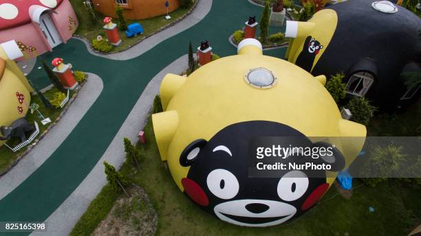Aerial view of Quake-proof dome house painted with Kumamon character were seen in Aso Farm Land, Kumamoto prefecture, Japan, July 31, 2017.