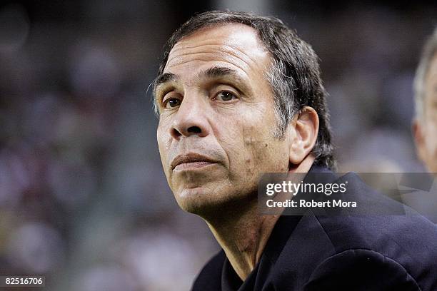 Head coach Bruce Arena of the Los Angeles Galaxy looks on during the team's MLS match vs. The Chicago Fire at Home Depot Center on August 21, 2008 in...