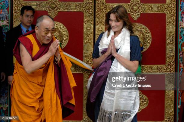 His Holiness the Dalai Lama and the first lady of France, Carla Bruni-Sarkozy attend the inauguration of Lerab Ling Buddhist temple at Roqueredonde...