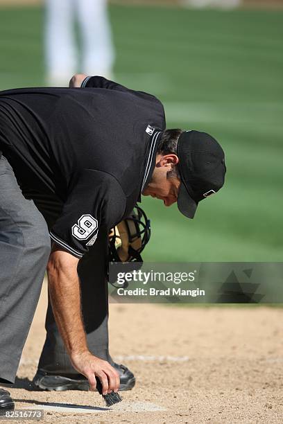 Home-plate umpire James Hoye brushes off the plate during the game between the Oakland Athletics and the Tampa Bay Rays at the McAfee Coliseum in...