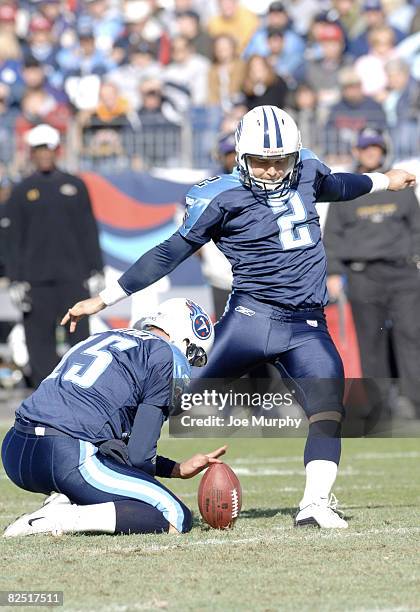 Titans placekicker Rob Bironas attempts a field goal versus Baltimore at LP Field, Nashville, Tennessee, November 12, 2006. The Ravens came from...