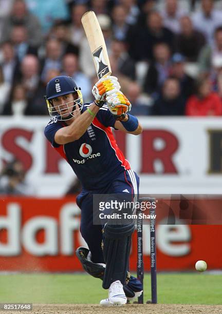 Kevin Pietersen of England hits out during the First NatWest Series One Day International match between England and South Africa at Headingley on...