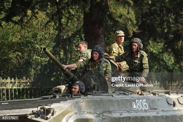 Russian soldiers travel on a tank in the province of South Ossetia following the conflict with Russia, on August 21, 2008 in Tskhinvali, Georgia....