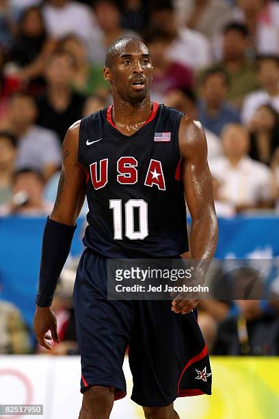 Kobe Bryant of the United States competes against Argentina during a men's semifinal baketball game at the Wukesong Indoor Stadium on Day 14 of the...