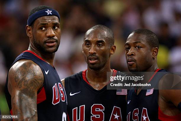 LeBron James, Kobe Bryant and Dwyane Wade of the United States compete against Argentina during a men's semifinal baketball game at the Wukesong...