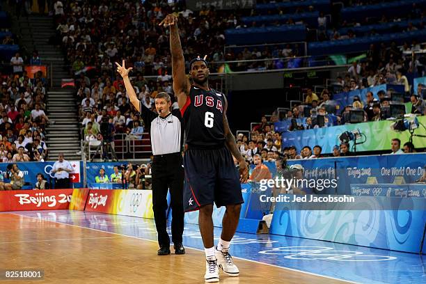 LeBron James of the United States competes against Argentina during a men's semifinal baketball game at the Wukesong Indoor Stadium on Day 14 of the...