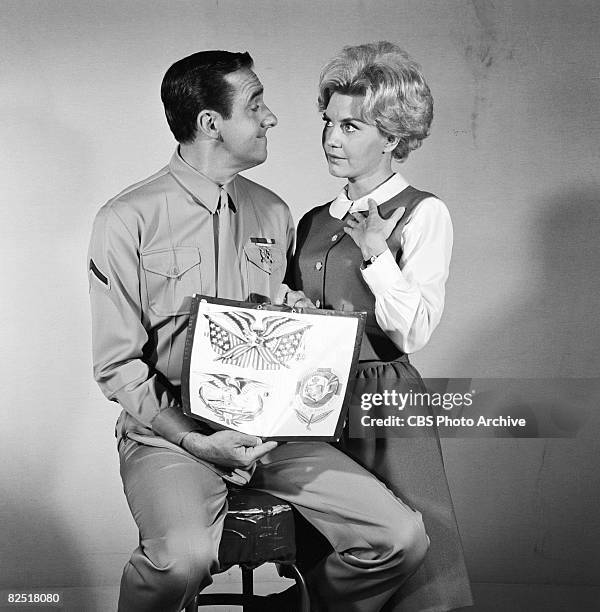 American actors Jim Nabors and Elizabeth MacRae during filming of an episode of the television comedy series 'Gomer Pyle, USMC' entitled 'A Tattoo...