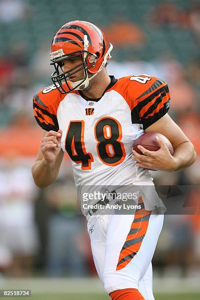 Brad St. Louis of the Cincinnati Bengals warms up before the NFL game against the Detroit Lions at Paul Brown Stadium on August 17, 2008 in...