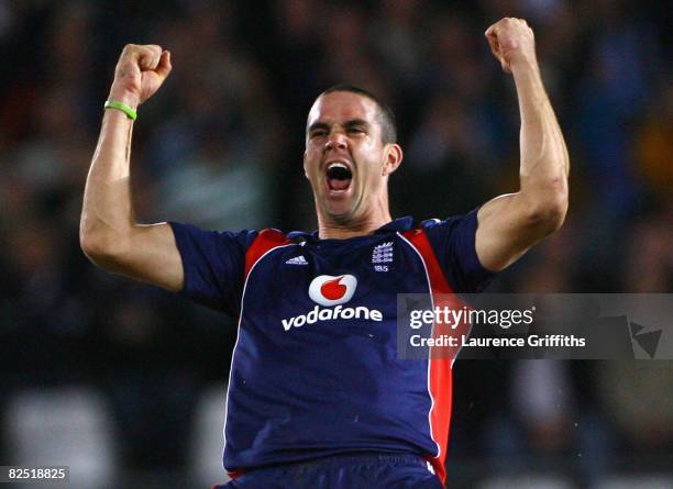 Kevin Pietersen of England celebrates taking the wicket of Jacques Kallis of South Africa during the First NatWest Series One Day International match...